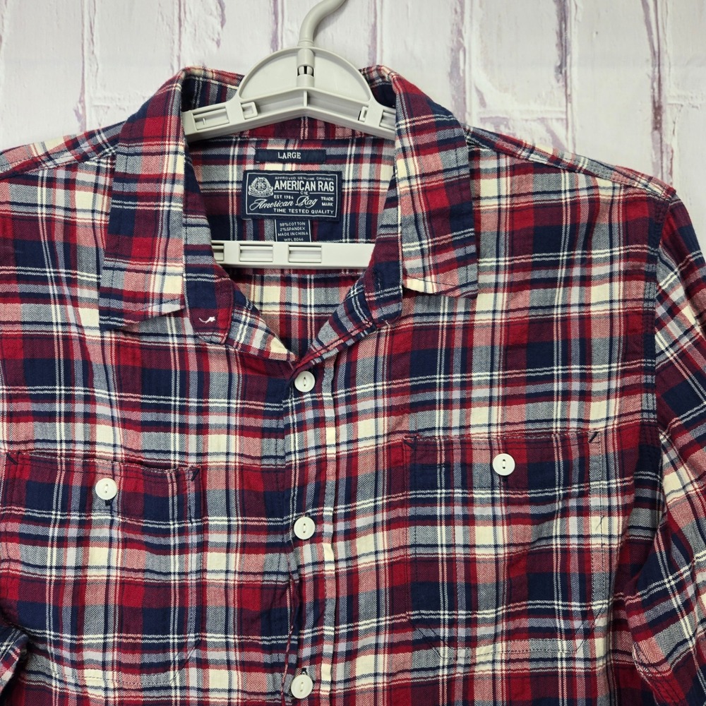 American Rag Men Large Plaid Button Down Shirt Red White Blue Long Sleeve Cotton